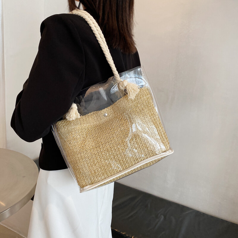 Женская Соломенная тканая вместительная сумка-тоут, повседневный винтажный саквояж на плечо для сына и матери, дорожная сумка под подмышку, лето