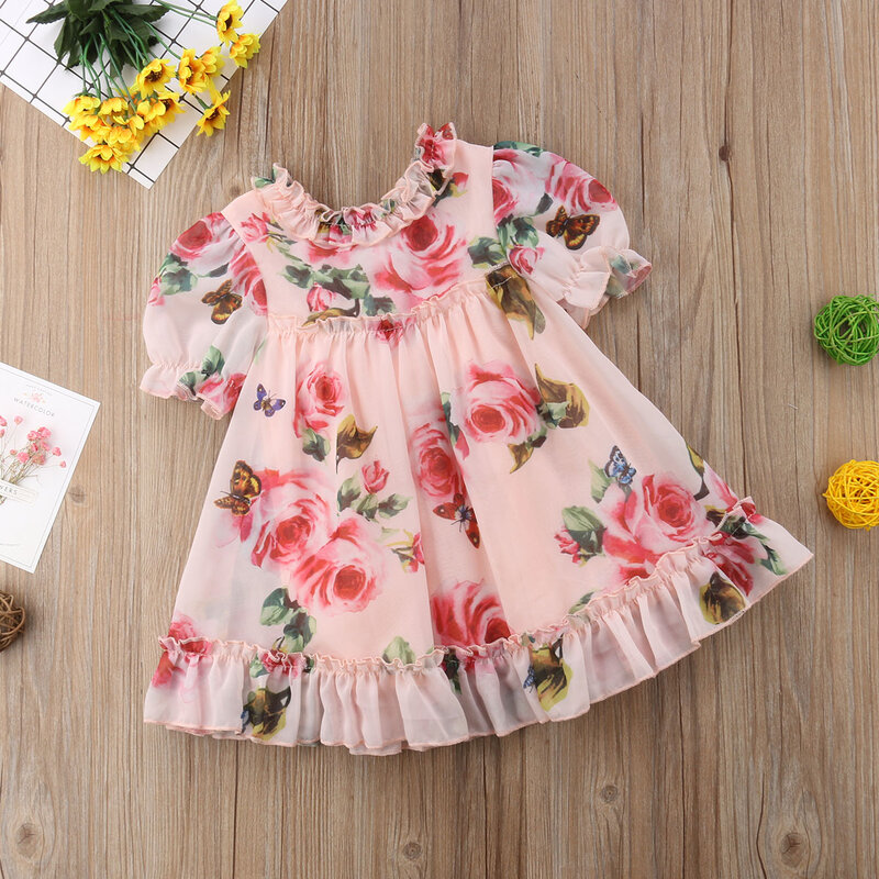 New Princess Girl Floral Tulle Dress Kid Baby Girl Flower Puff Sleeve Princess Wedding Party Pageant Chidlren Tulle Sundress