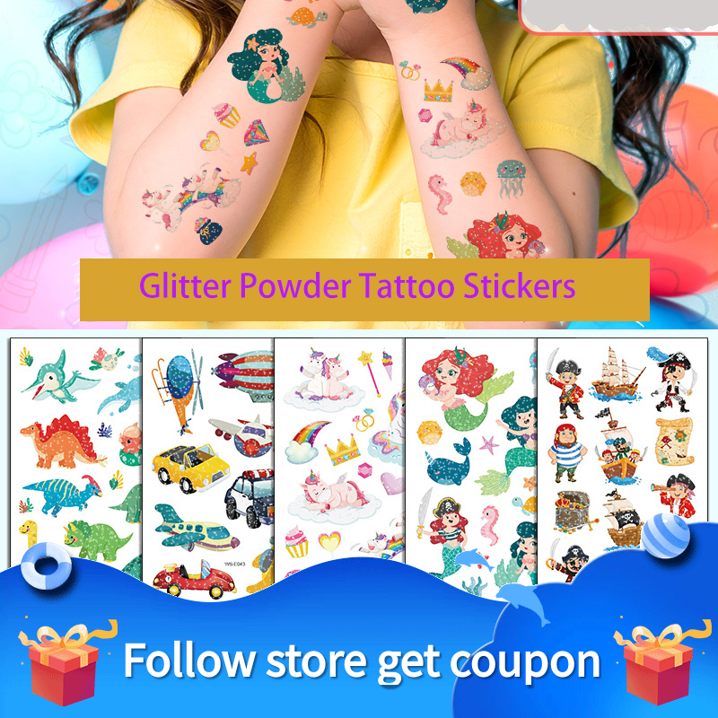10PCS Children's Tattoo Sticker Fake Flash Powder Temporary Waterproof Cartoon Transfer Unicorn Animal Mermaid Kid Toy Girl Gift