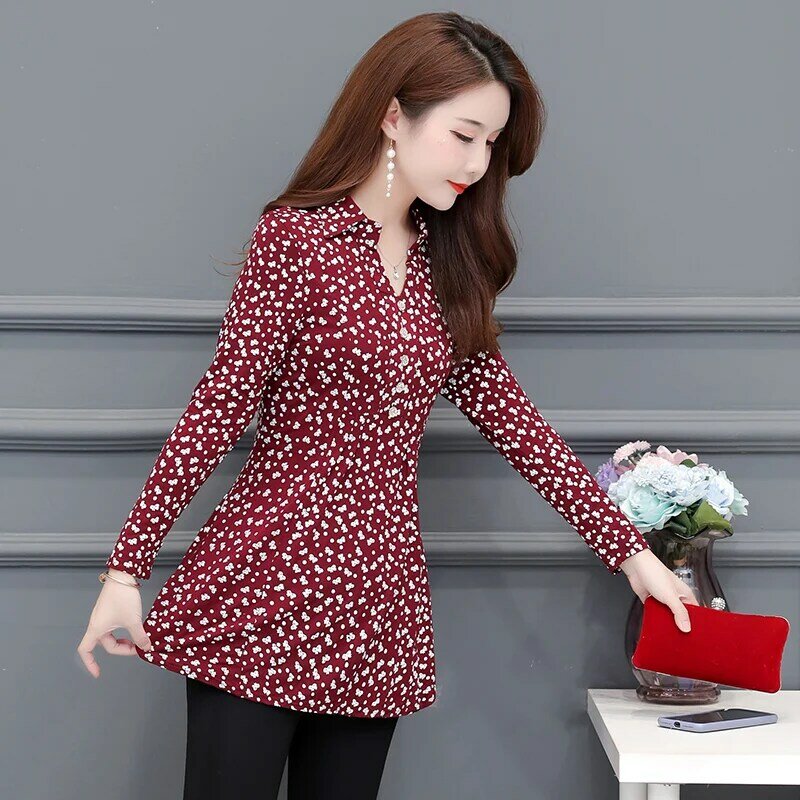 Autumn Basic Shirts Blouses Womens Fashion Elegant Office Lady Button Design Long Sleeve V Neck Tunic Tops 5XL 4XL 3XL A07