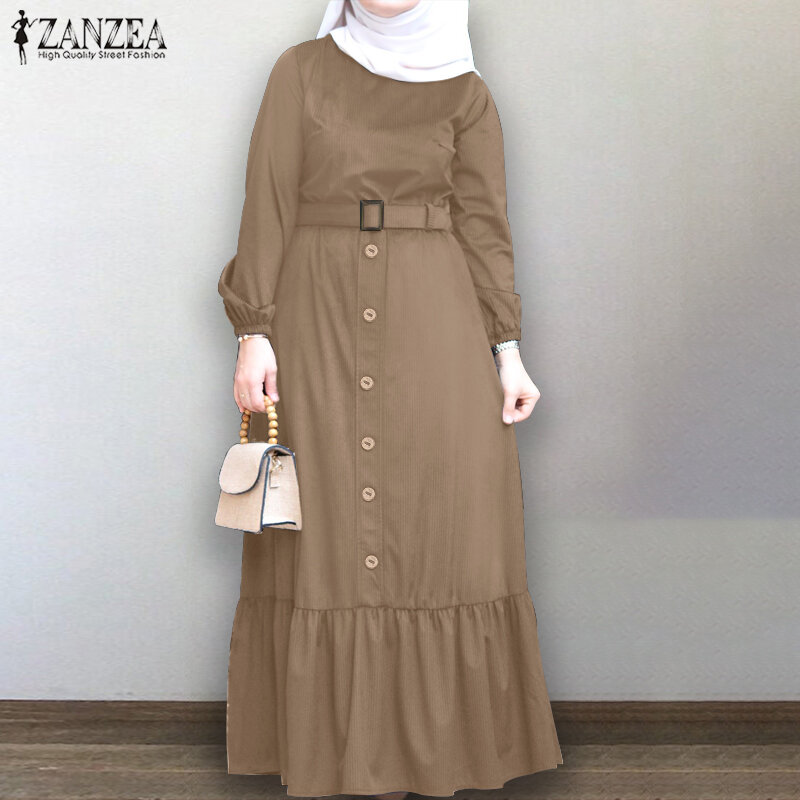 Plusขนาดผู้หญิงฤดูใบไม้ร่วงSundress ZANZEA Elegantมุสลิมเสื้อแขนยาวMaxi Vestidosปุ่มหญิงRuffle Vestidos 5XL