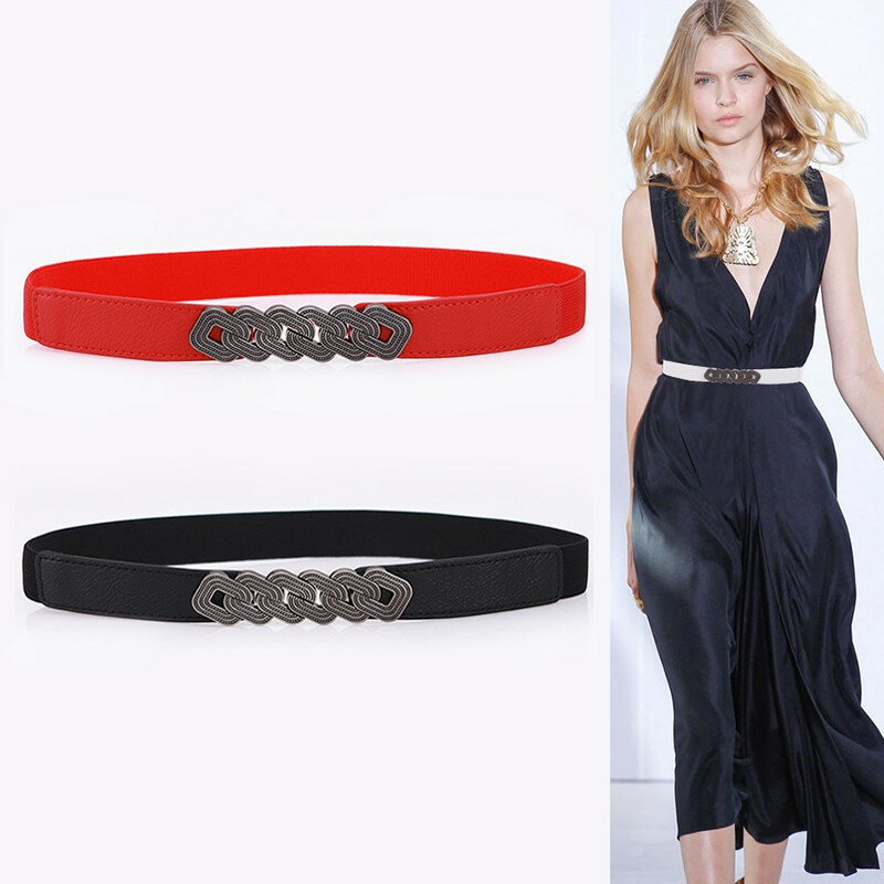 Novo design cintos de cintura elástica para mulheres moda fina cintura elástica senhora liga vintage personalidade fivela cintura estreita selo