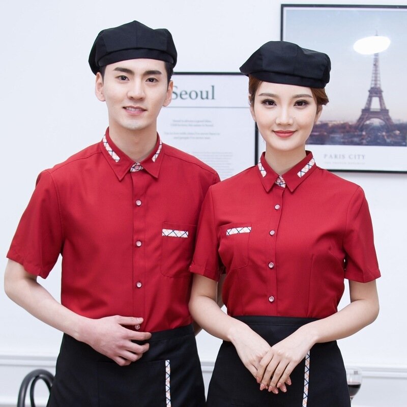 Equipe do hotel roupas de trabalho das mulheres dos homens de manga curta restaurante garçom uniforme comida rápida garçonete uniforme café garçom uniforme