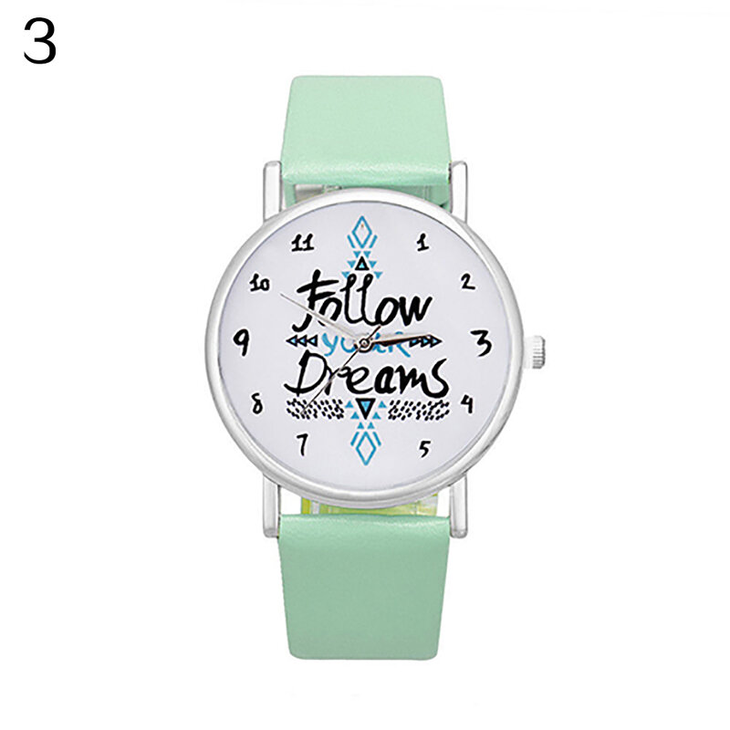 Relógio de pulso de quartzo com pulseira de couro sintético para mulheres, relógio casual, siga seu sonho, impressão de citações, relógio de pulso para meninas, erkek, L