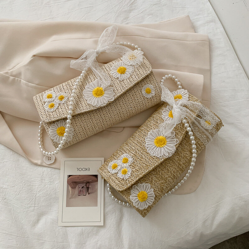 Bolso de mano de paja para mujer, bandolera de hombro con tejido de paja y girasol, a la moda, para playa y verano