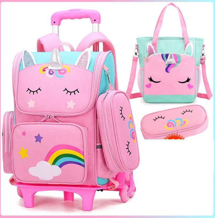 Школьная сумка-тележка для девочек, детский школьный ранец на колесиках с сумкой для обеда, Детские портфели на колесиках