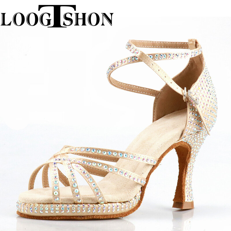 LOOGTSHON งานแต่งงานรองเท้าผู้หญิง Salsa Dance รองเท้าผู้หญิงรองเท้าแตะแพลตฟอร์ม Silver Dance รองเท้า Rhinestone