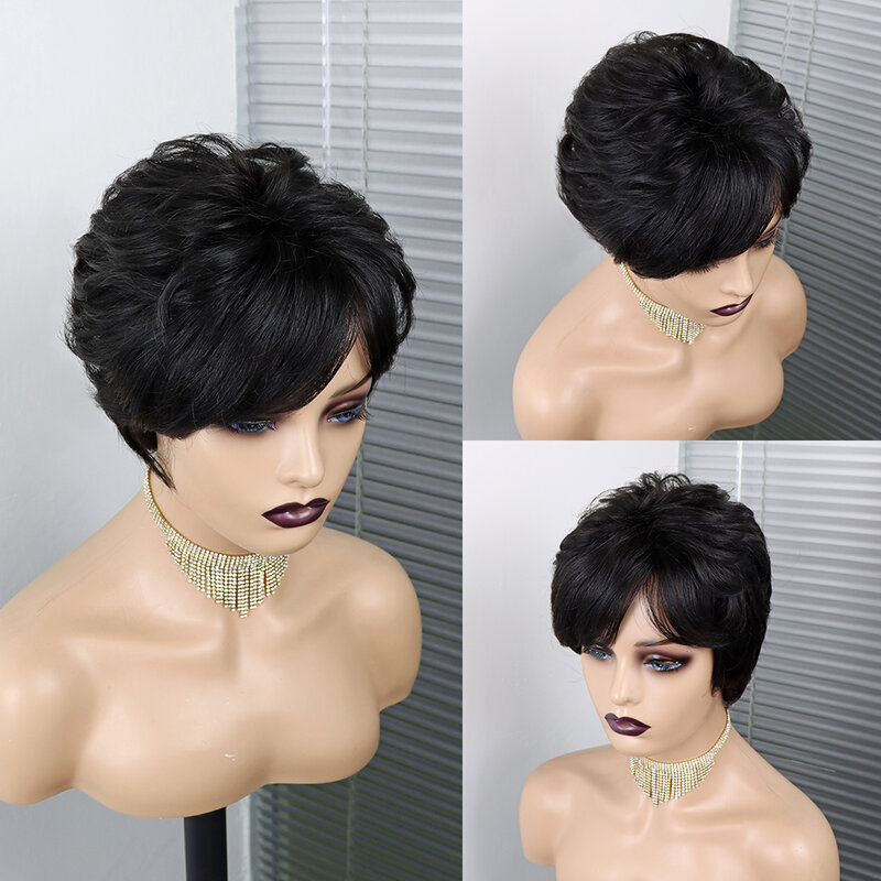 Pelucas de cabello humano ondulado con flequillo para mujeres negras, pelo corto Bob Pixie sin encaje frontal, hecho a máquina, Remy brasileño