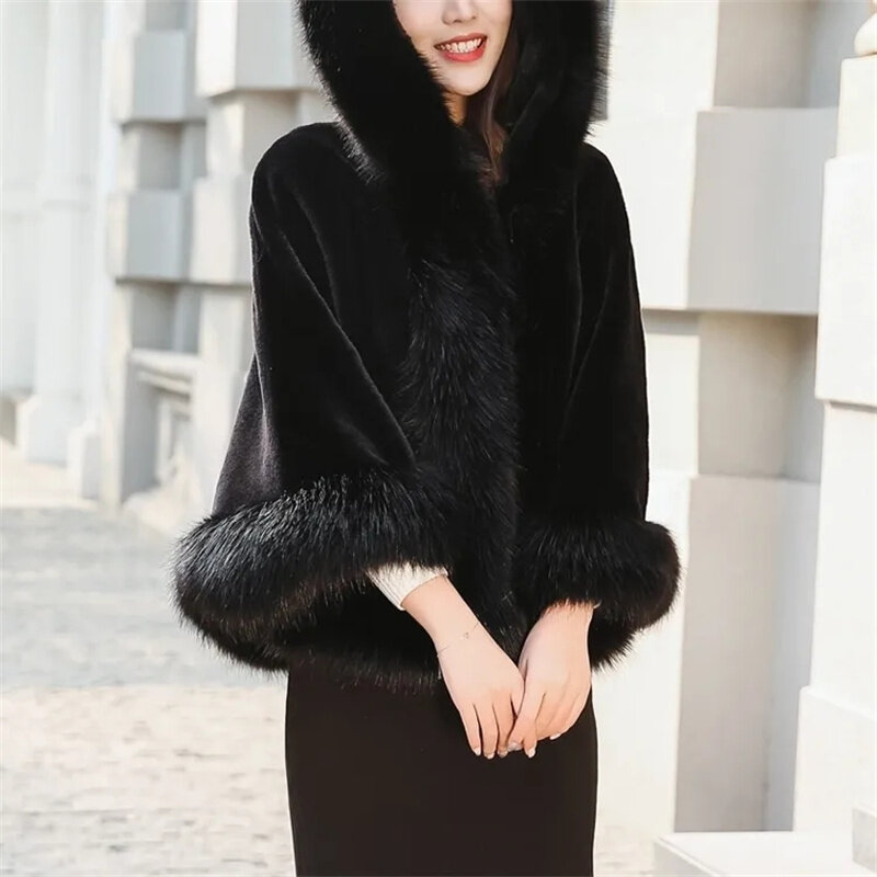 Manteau en fausse fourrure de renard artificiel pour femme, automne hiver, veste de fête en tissu noir, chapeau supérieur, châle, Cape
