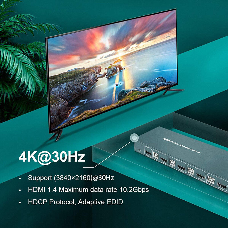 Kvm-switch HDMI KVM Schalter 4 Port 4K @ 30Hz USB 2,0 4 PC 1 Monitor Schalter, hotkey Schalter, Mit 4 HDMI Kabel und 4 USB Kabel