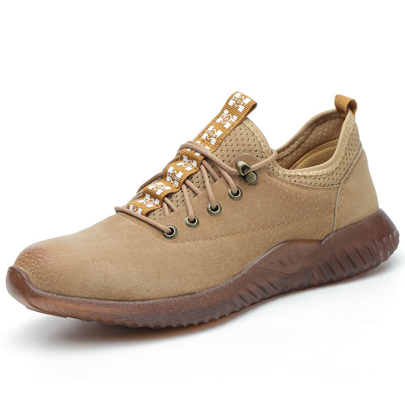 QUHENG-zapatos de seguridad ligeros y transpirables para hombre, calzado de trabajo con punta de acero, antigolpes, marrón, para construcción