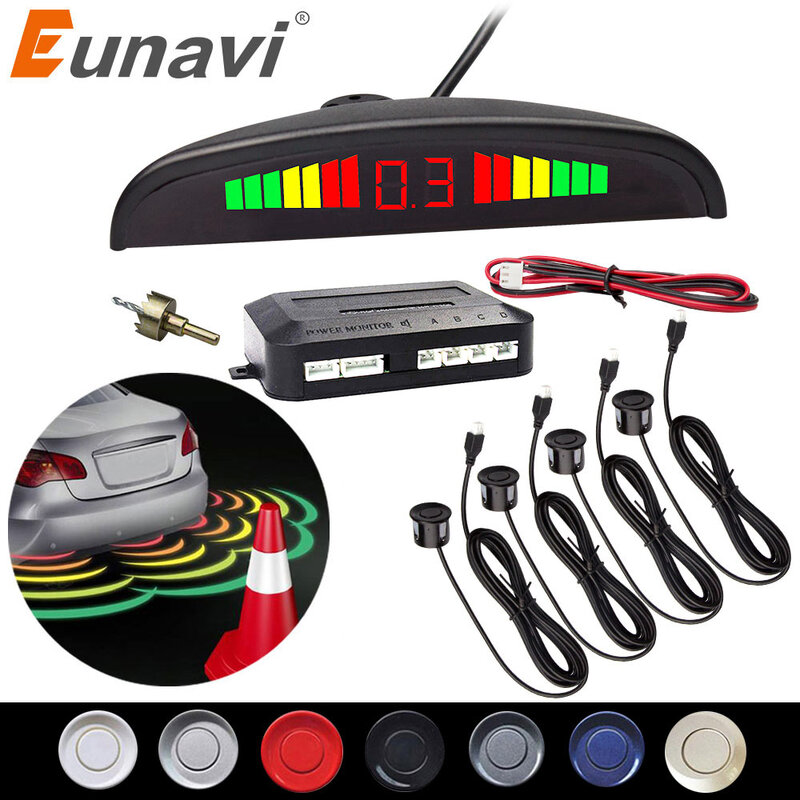 Eunavi 자동차 파크트로닉 LED 주차 센서 키트, 모든 차량용 4 6 8 센서, 역방향 지원 백업 레이더 모니터 시스템, 1 세트