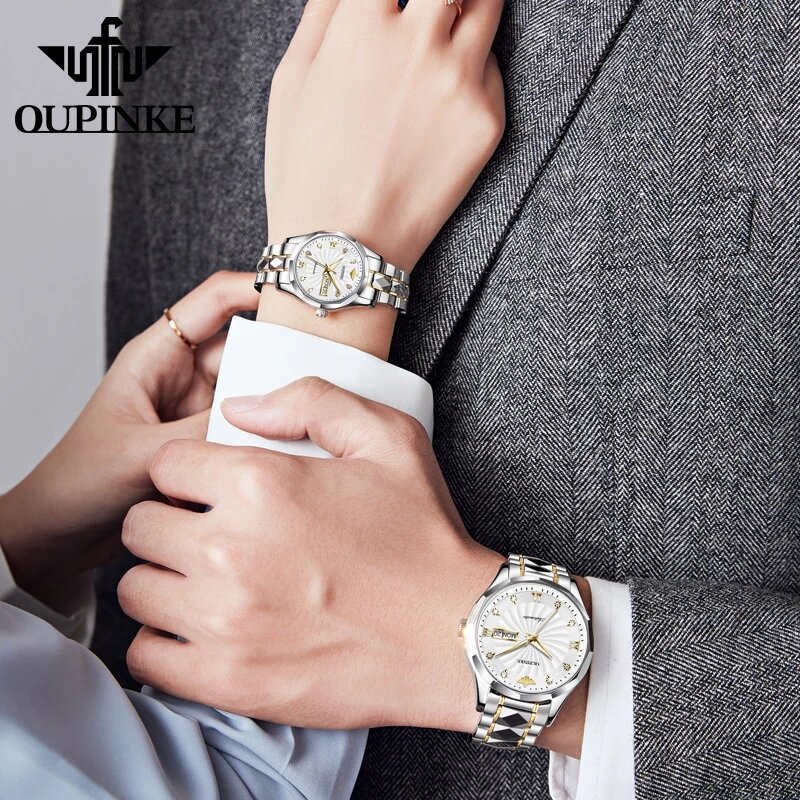 Oupinke relógio de pulso masculino e feminino, de marca de luxo, mecânico, automático, para amantes