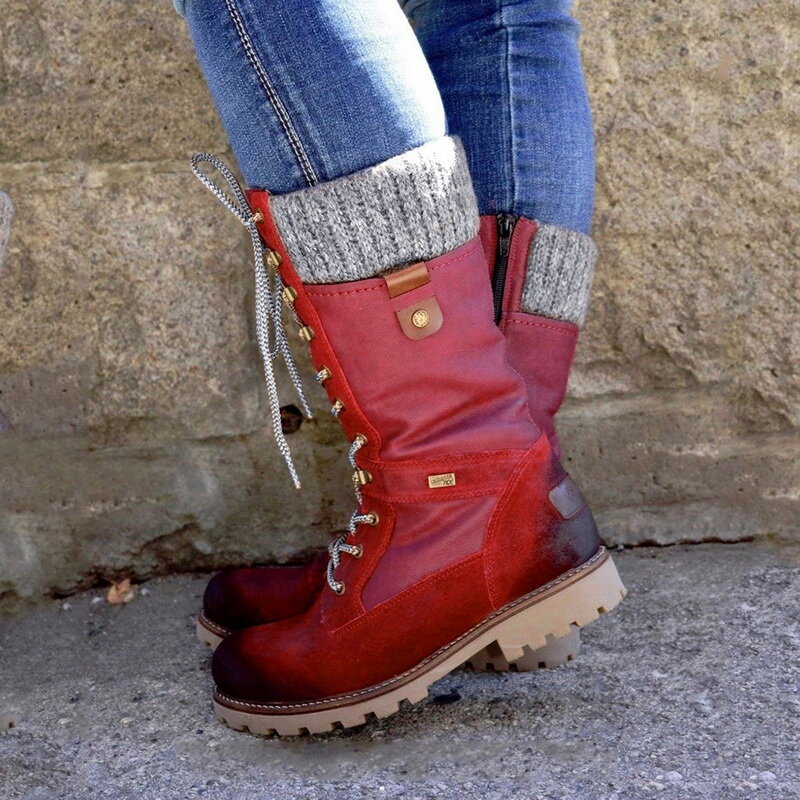 LOOZYKIT2020 buty zimowe dla kobiet podstawowe średnio wysokie buty z cholewami okrągłe Toe Zip platformy Boot buty damskie ciepłe sznurowane buty buty