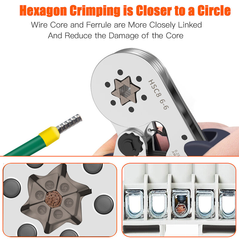 Hexagonal Ferrule Crimp Werkzeug Draht Zwinge Crimpen Werkzeug HSC8 6-6 Selbst-einstellbare Ratschen Crimper für AWG23-10 (0,25-6,0 mm²)