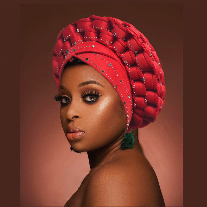 Turbante africano con diamantes de imitación para Mujer, gorro Hijab musulmán elástico con purpurina, trenzas para la cabeza, Turbante para Mujer, novedad de 2023