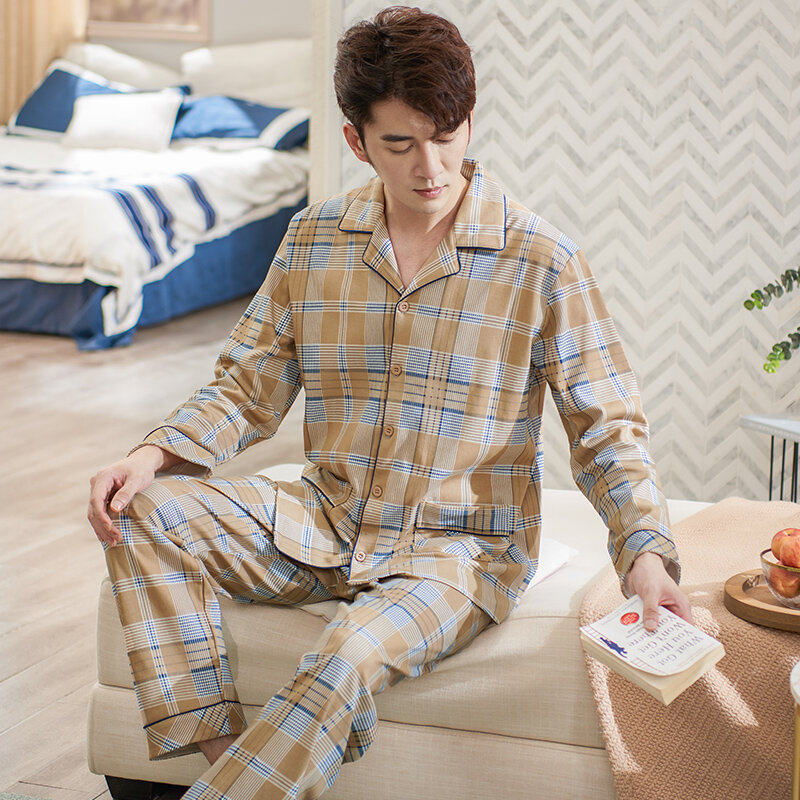 Осенне-зимние мужские пижамные комплекты с длинным рукавом, 100% хлопок, клетчатая пижама с принтом, мужская повседневная одежда для сна, дома...