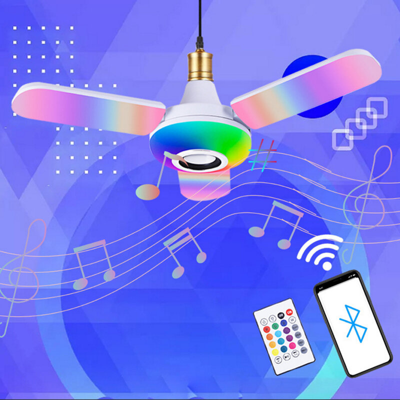 Bluetooth Music Light com controle remoto, 4 folhas em forma de ventilador, 50W, E27, lâmpada LED, lâmpada dobrável, lâmpada inteligente, AC 85-265V