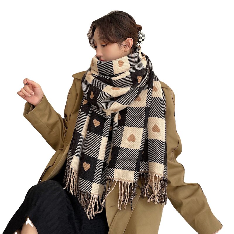 Зимний клетчатый двухсторонний кашемировый шарф, шаль, женская модная теплая Толстая шаль с принтом сердечек и кисточками, женские шарфы из...
