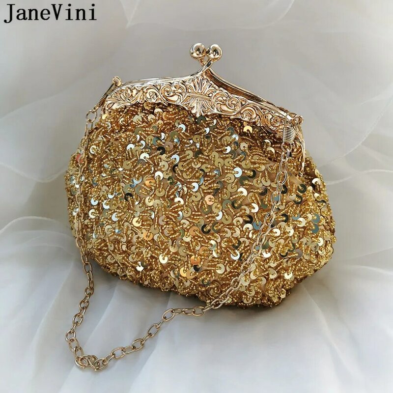 JaneVini Tas Clutch Wanita Manik-manik Bling Vintage Dompet Pesta Malam Wanita Tas Tangan Bahu Rantai Pengantin Emas Perak