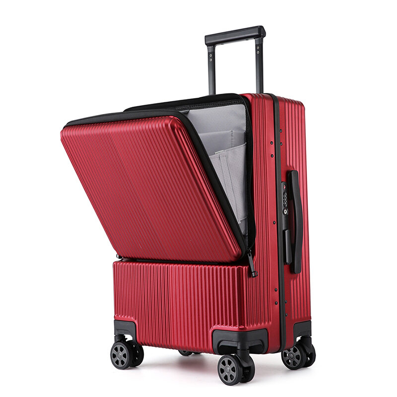 メンズフロント開口部とサイド開口部付きスーツケース,ビジネス用トラベルバッグ,多機能アルミフレームケース,マイクロUSB付き