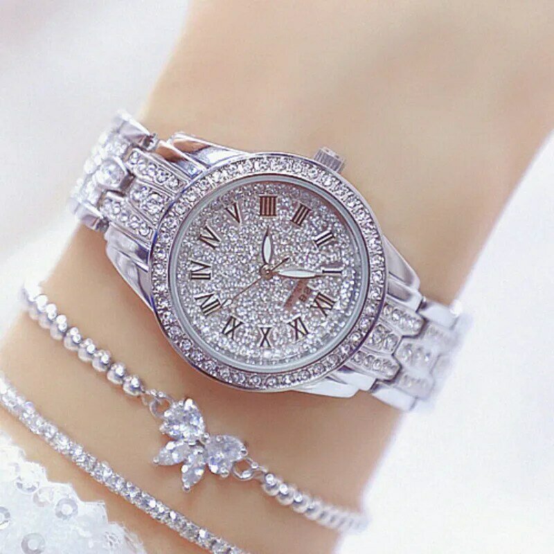 เพชรผู้หญิงนาฬิกา Rhinestone สุภาพสตรีสร้อยข้อมือนาฬิกานาฬิกาข้อมือสแตนเลสสตีล relogio feminino หรูหราเคร...