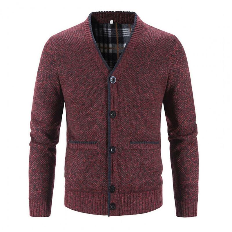Men Knitted Coat Solid Color V Neck Autumn Winter Thicken Plush Warm Cardigan Sweater for Daily Wear