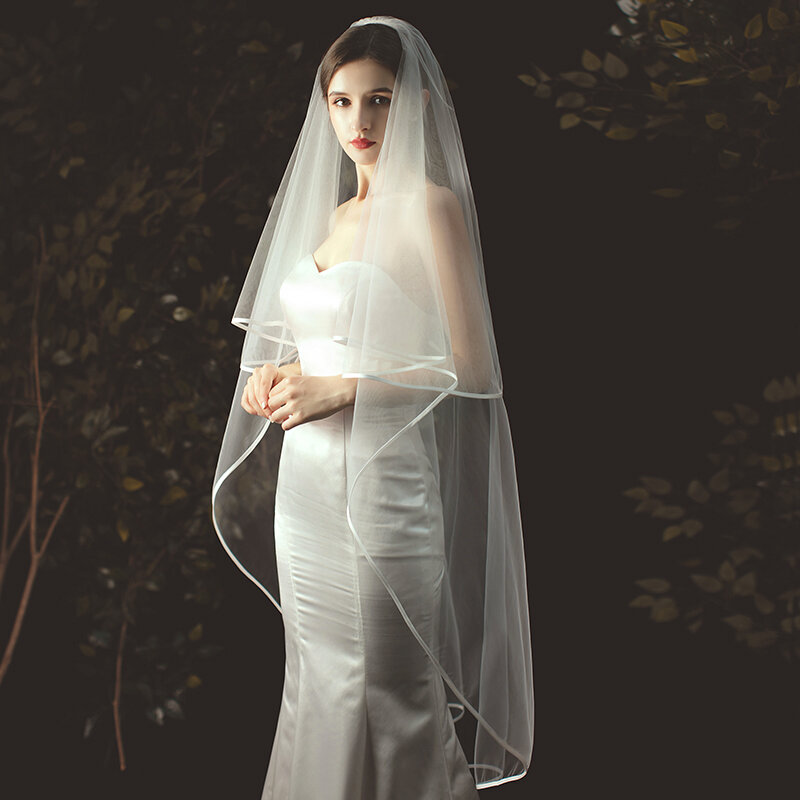 2T الحجاب الزفاف قصيرة تول الشريط حافة الحجاب الزفاف طبقتين الحجاب العروس