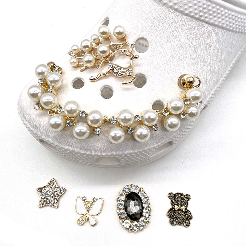 Novo 1 pçs jibz alta qualidade jóias de metal sapato encantos pérola corrente sapato aceessories caber feminino croc tamancos decorações meninas presentes
