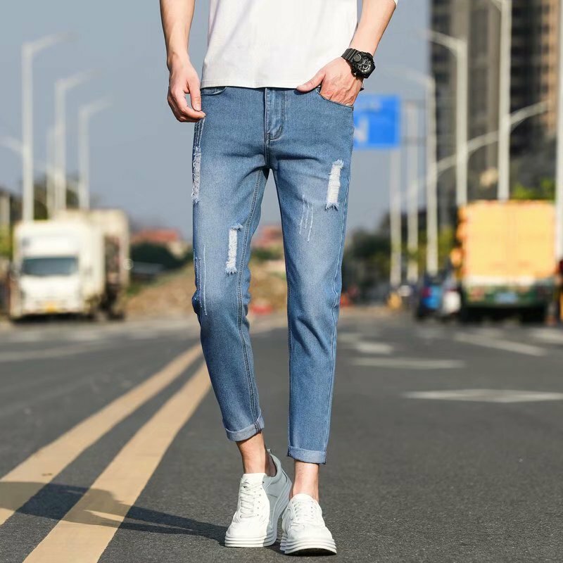 Весна-Осень 2022 мужские Модные джинсы в гонконгском стиле с вырезами корейские брюки до щиколотки Летние Новые повседневные брюки