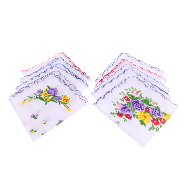 10 Stuks Katoenen Zakdoeken Voor Dames, Gesorteerd Met Golvende Rand En Print Bloemen Zakdoek Huwelijksfeest