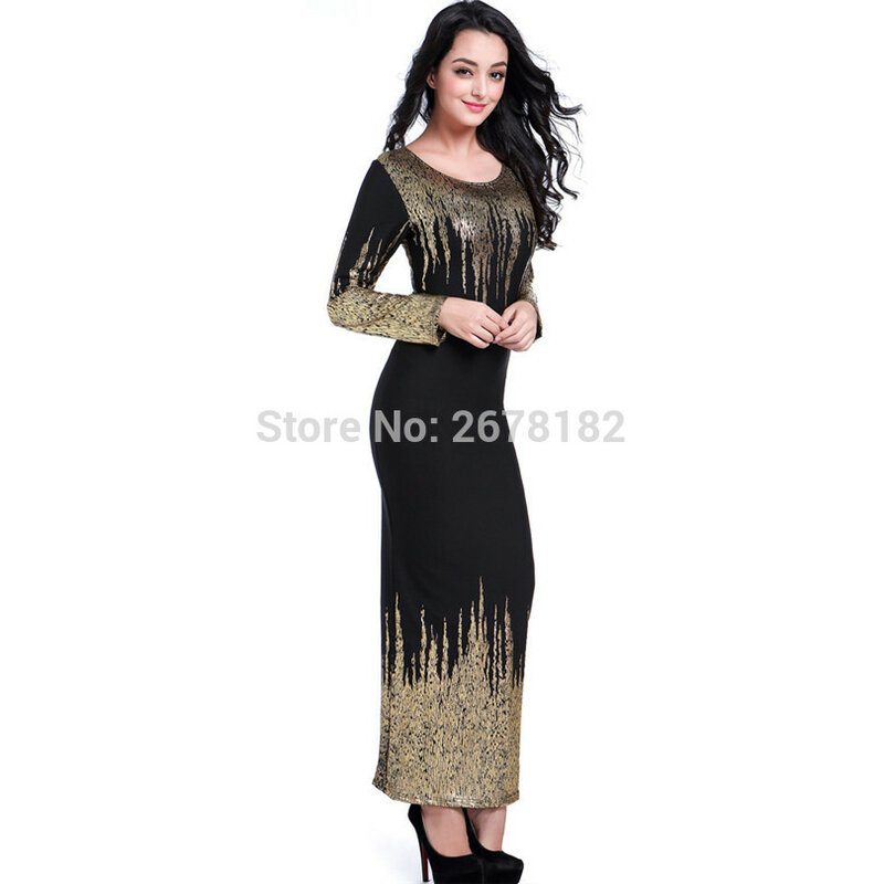 Outono inverno elegante preto-ouro cor maxi vestido feminino elástico fino três quartos manga vestido longo 2020 robe femme