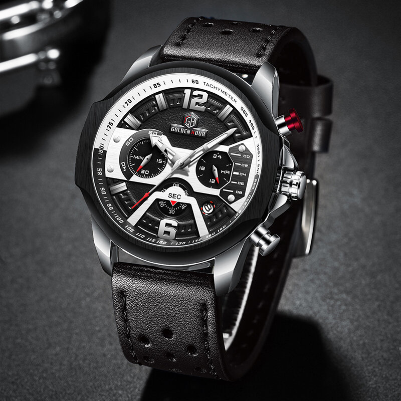 Montre à quartz en cuir pour homme, grande montre-bracelet de sport, chronographe, horloge bleue, marque supérieure, luxe