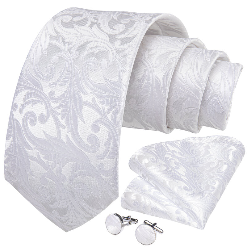 DiBanGu-Hanky Cufflinks Set para homens, gravatas no pescoço de seda, gravata de negócios e casamento, branco cinza e prata, designer