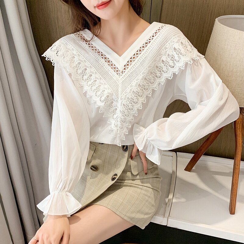 Blusa feminina grande gola v renda transparente, camisa feminina manga comprida
