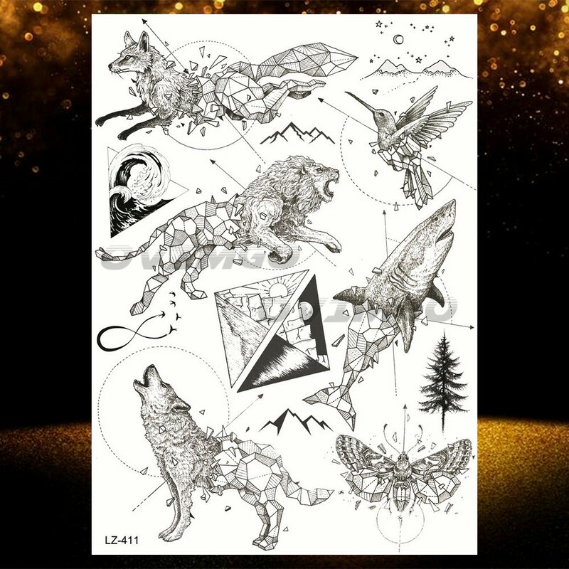 Tatuajes temporales de Lobo, triángulo, zorro, alce falso, flor, cuerpo, brazo, manos, montaña, pluma, onda geométrica