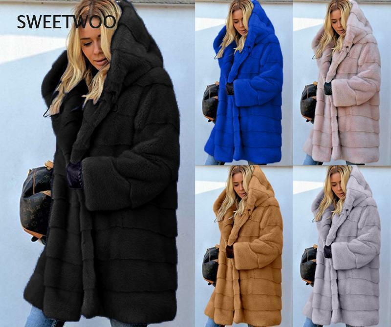 ยุโรปและอเมริกาสีทึบกลางความยาวหลวม Plush Hooded Coat Faux Fur ฤดูใบไม้ร่วงและแจ็คเก็ตฤดูหนาว