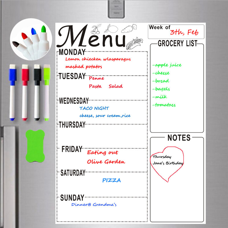 Pizarra blanca magnética A4, planificador semanal, menú de comida, Comestibles para hacer lista, marcador de pegatina de nevera, bolígrafo, tablero de borrado de horario, tecnología