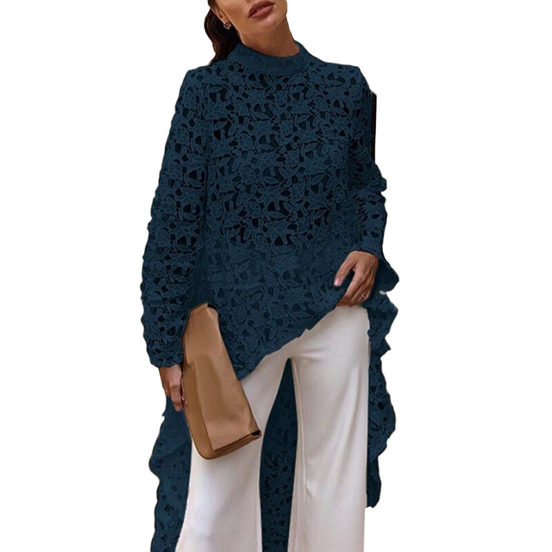 Весенне-осенняя модная женская однотонная ажурная кружевная блузка с высоким низким верхом