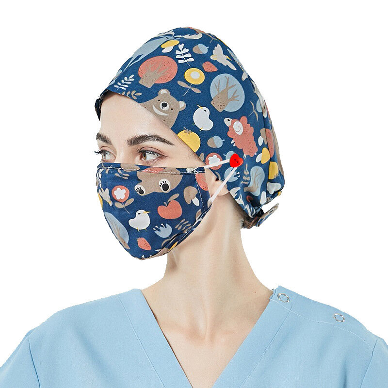 Regulowany pochłaniający pot kreskówka drukowane czepek pielęgniarski uniwersalny oddychający Unisex chirurgiczny kapelusz roboczy