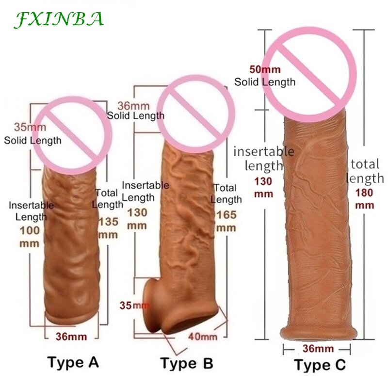 FXINBA 남성용 현실적인 콘돔, 재사용 가능한 페니스 슬리브, 남성 익스텐더, 딜도 인핸서, 확대 콘돔, 남성 콕 섹스 토이