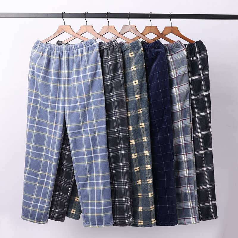 Pijama de flanela grossa masculino, calças xadrez, jardas grandes, calças de sono quente, pijama para homens