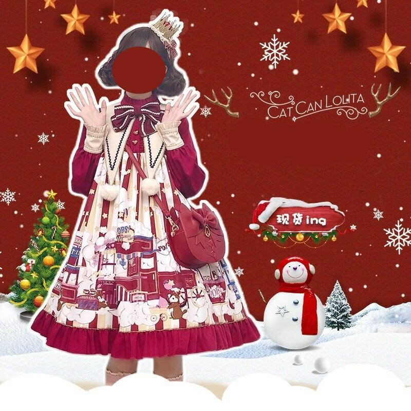 Lolita Dress Sweet Girl Christmas New Year Red Costume Vintage Ruffles Princess Op manica lunga stile giapponese abbigliamento Kawaii