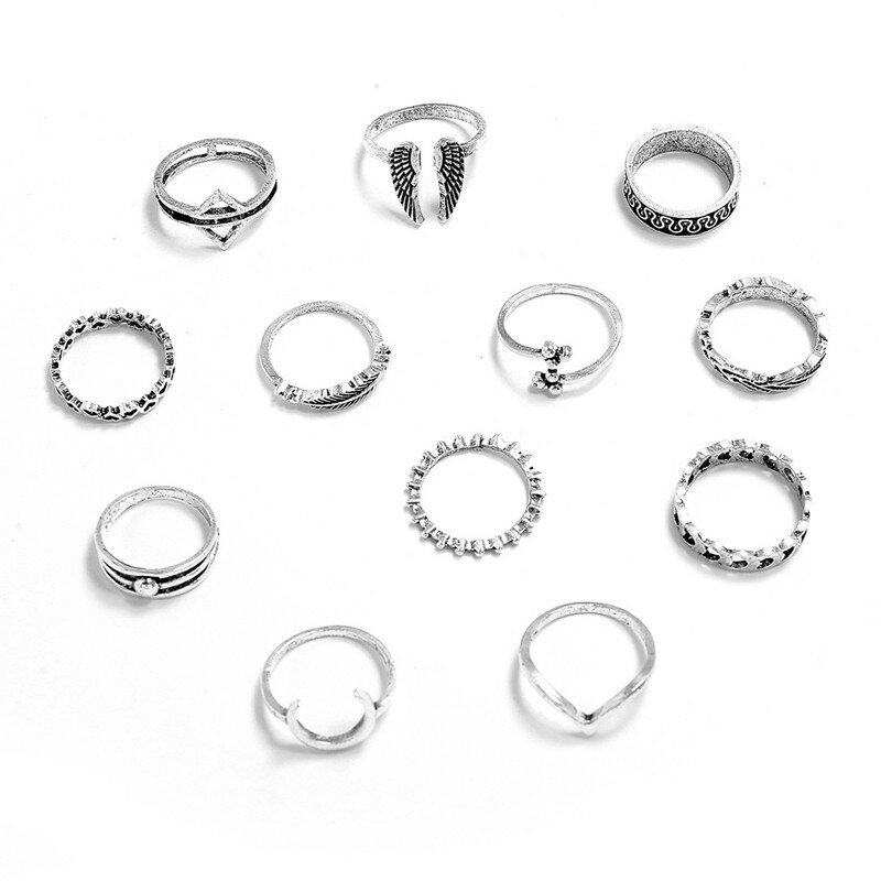 Letfi 12 шт./компл., винтажное серебряное кольцо в стиле панк для женщин, Ретро стиль, крылья, треугольная луна, геометрическое сердце, лист, v-обр...