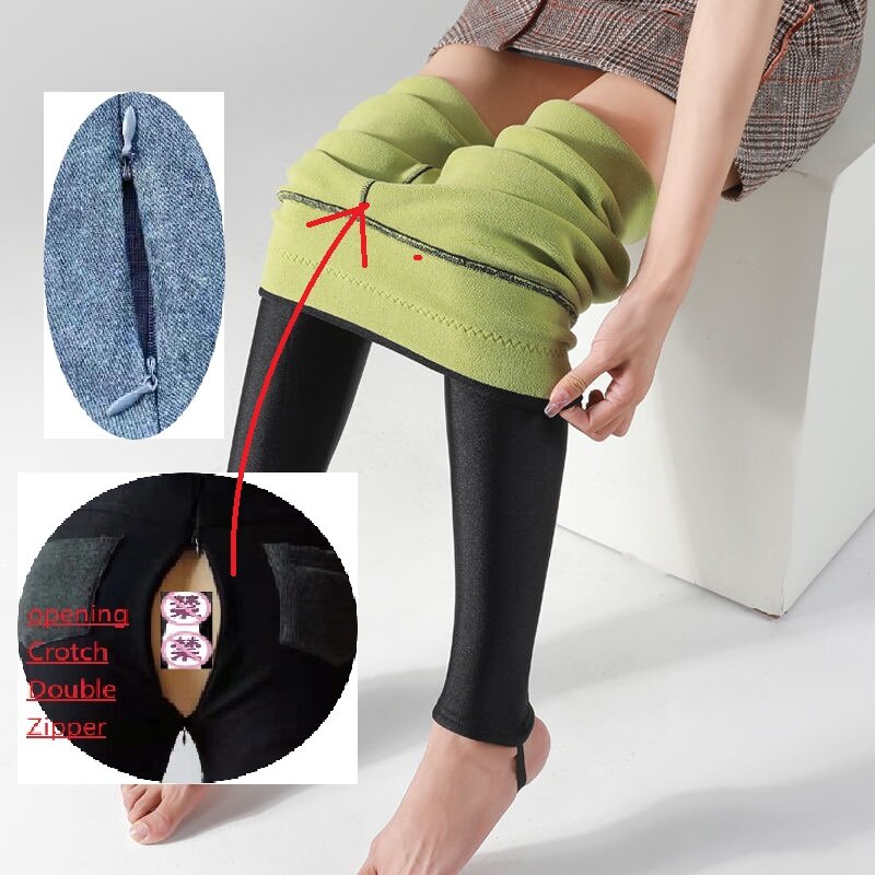 Pantalon de sexe à entrejambe ouvert à fermeture éclair dissimulée pour femme, leggings optiques, pantalon slim, monochromatique, chaud, sourire, mode, automne, hiver