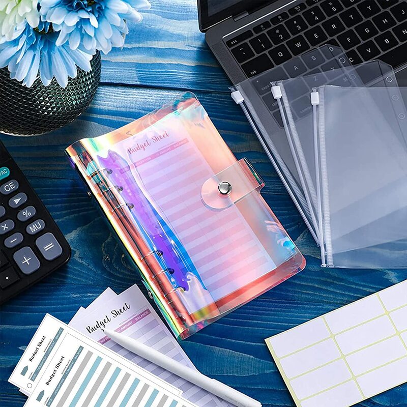 Notebook Caixa Envelope Organizador, Rainbow PVC Binder, Bolsos Binder, 12 Despesa Folha Orçamento, Etiqueta Adesivos, A6, 12 Pacote
