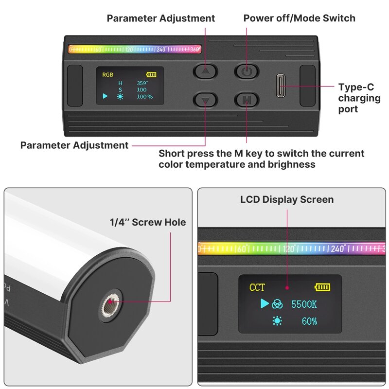 Ulanzi Tôi-Đèn VL119 RGB Cầm Tay Đèn Cây Đũa Phép LED RGB Dính 2500-9000K Chụp Ảnh Chiếu Sáng Từ Ống ánh Sáng Cho Video Vlog