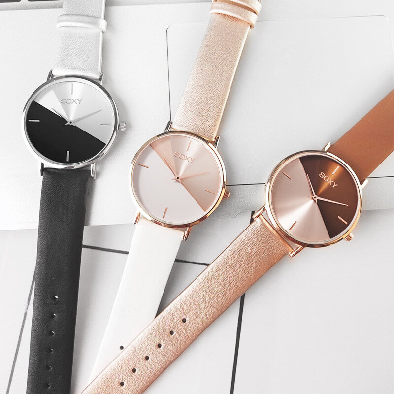Nieuwe Trend Mode Meisjes Riem Quartz Horloge Creatieve Dubbele Kleur Wijzerplaat Meisjes Eenvoudige Casual Alle-Match Horloge