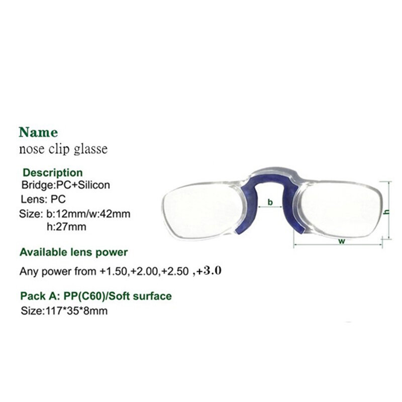 남녀공용 클립 코 미니 독서 안경, 구레나룻 없는 안경 처방 안경, Pince-nez1.0 + 1.5 + 2.0 + 2.5 + 3.0 + 3.5