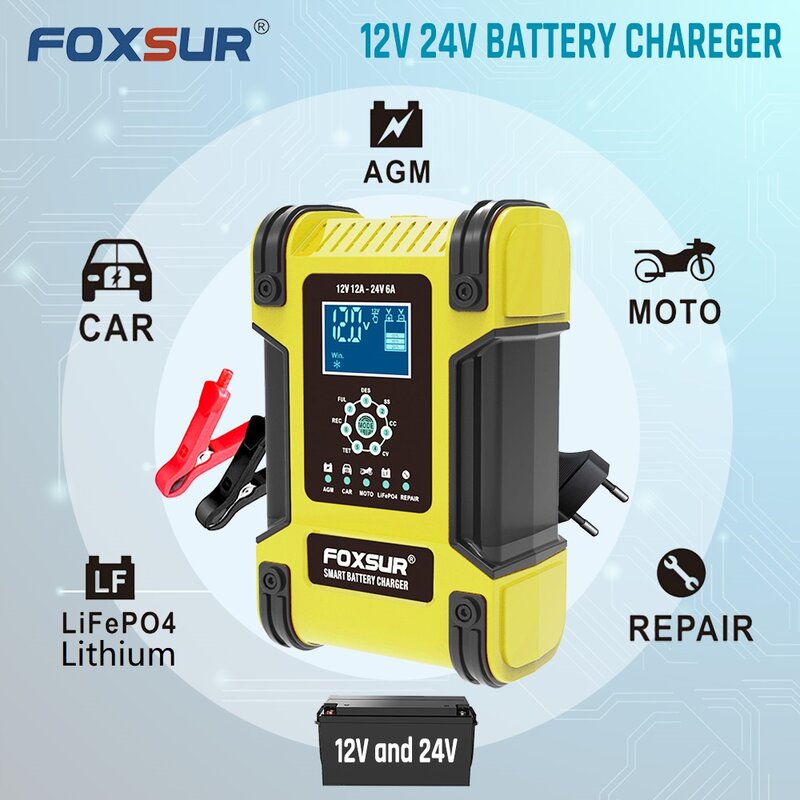 Foxsur carregador de carro inteligente automático 12v/24v de lítio agm gel lifepo4 lifepo4 ciclo profundo reparação motocicleta carregador de bateria rápido